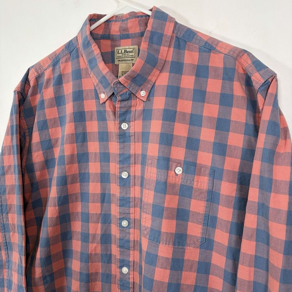 LL Bean Traditional Fit Button Down Shirt Mens Size XLT Blue Pink Gingham Check